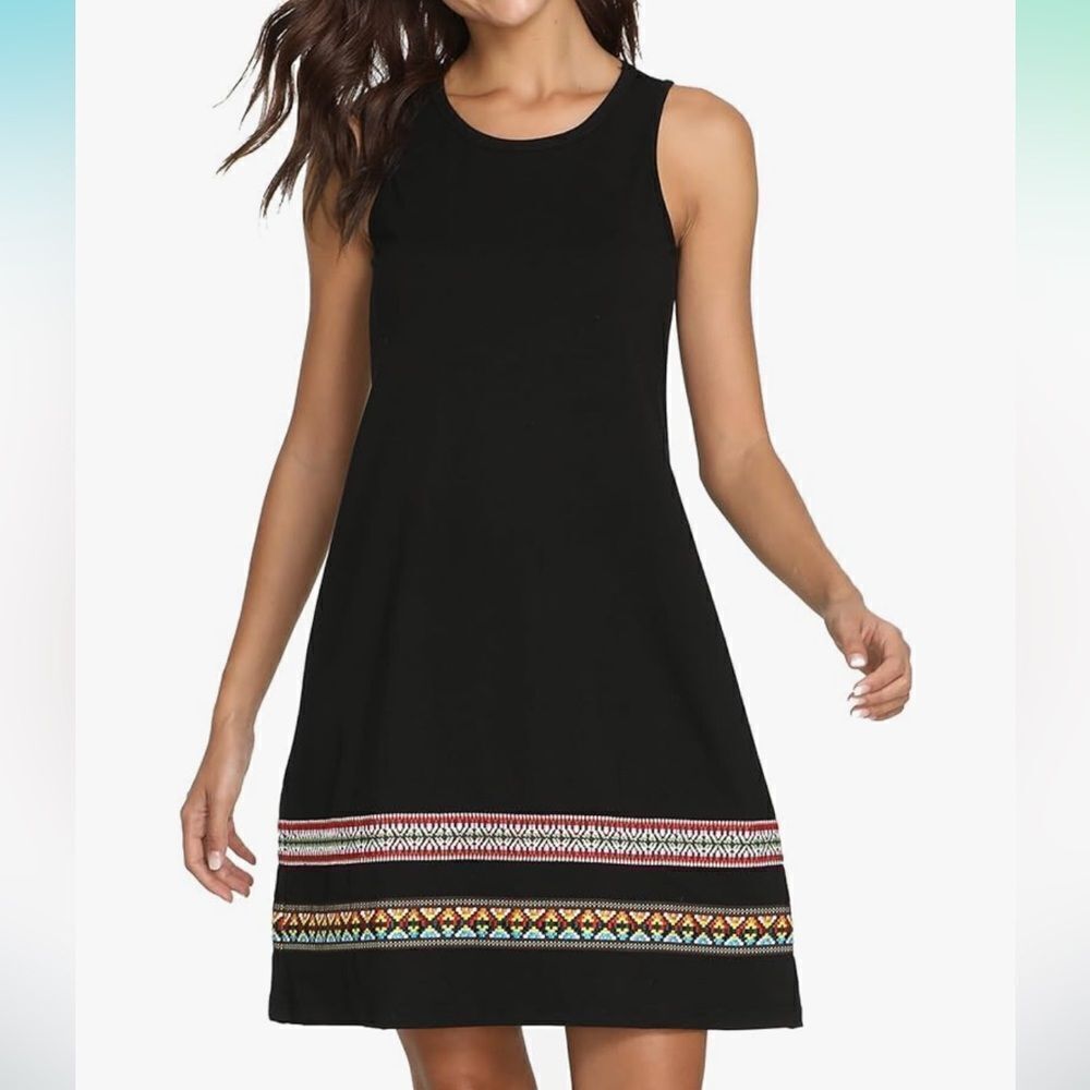 Summer Boho Embroidered Hem
Sleeveless Loose Casual Black Tank Dress size M